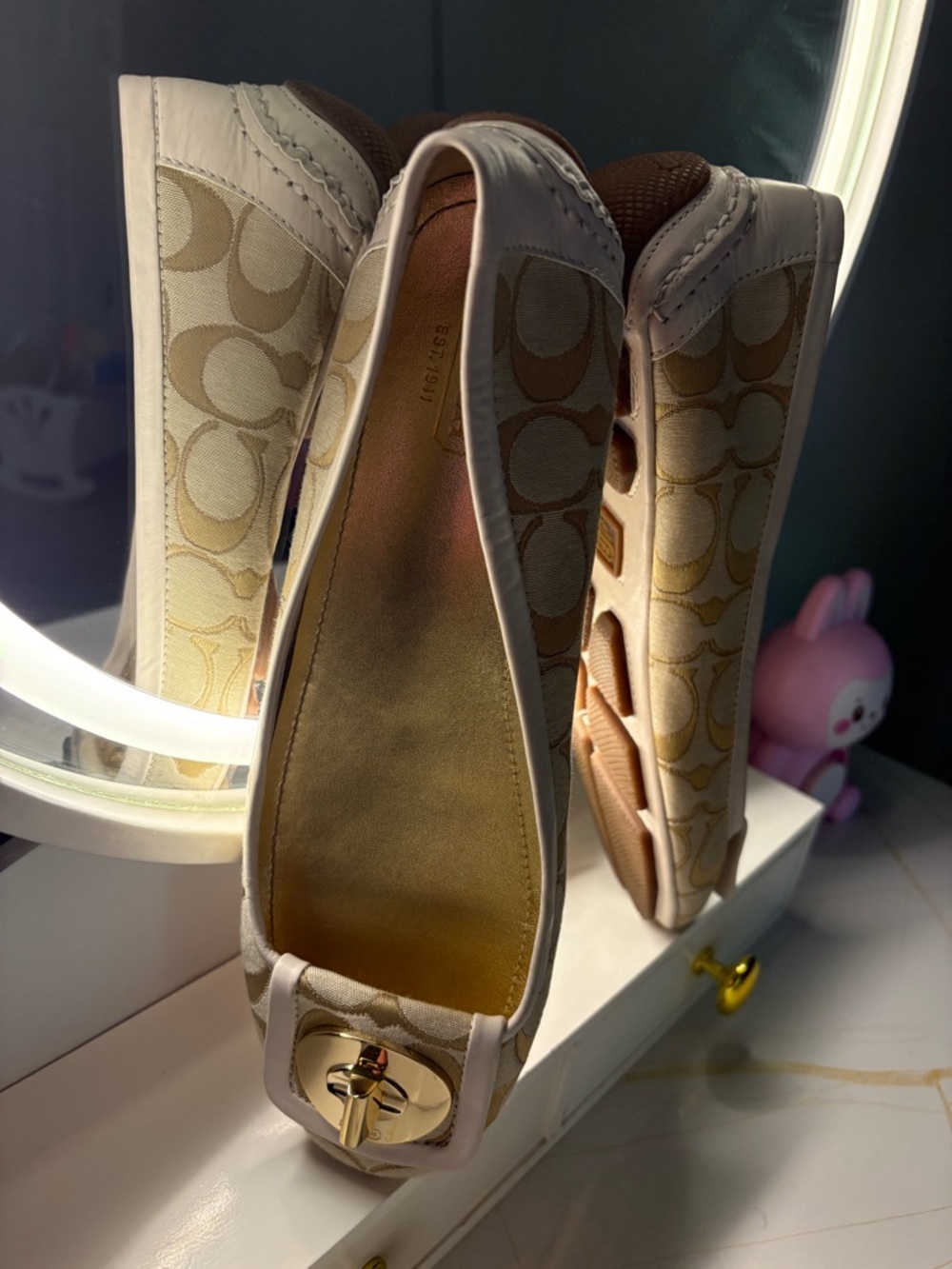 Coach Cream & Light Khaki Signature Ballet Flats with Gold Accent - Picture 2 of 16